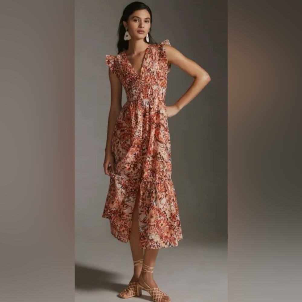 Anthropologie Peregrine Midi dress in brown and orange pattern. Size PXL.